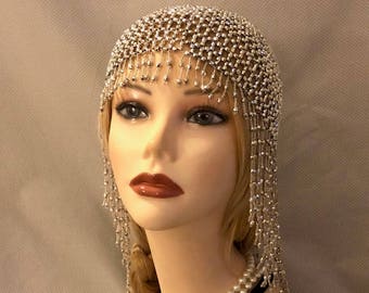 1920s style FULLY Beaded Silver Fringe FLAPPER Head cap skull headpiece Gatsby Roaring Twenties Art Deco Bead Tassel Headwear Headdress Wig