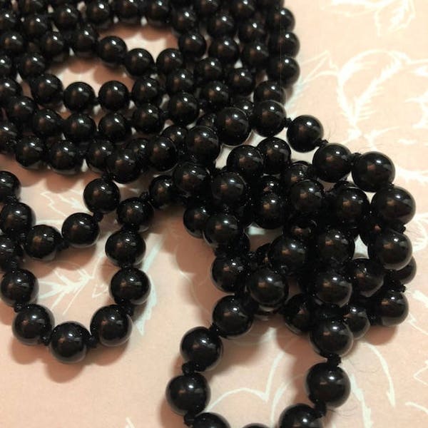 60" LONG BLACK 8mm Glass Pearl Great Gatsby 1920's Style Single Strand Necklace 20's 1920s Downton Abbey Dark Flapper Accessory Wrap Knot