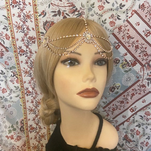 1920s style Rose Gold Rhinestone FLAPPER drape Head skull headpiece Gatsby Roaring 20s Art Deco Headwear Headdress Bridal Goddess (964)