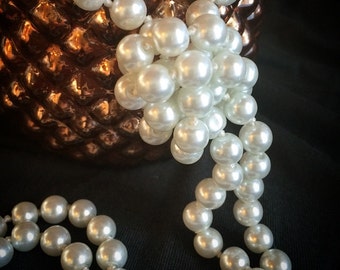 48" LONG WHITE 8mm Glass Classic Pearl Great Gatsby 1920's Style Single Strand Necklace 1920s Downton Abbey Light Flapper Accessory Knot