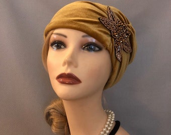 1920's style yellow gold cloche turban hat headpiece hair jewelry 20s gatsby vintage downton abbey garden party Art Deco