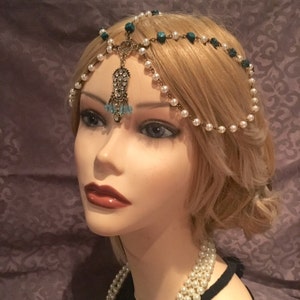 1920&#39;s BLUE Flapper Headpiece Head Chain Rhinestone Gatsby Costume Antique Gold Tassel Adjustable 20&#39;s Wood Green Vintage Headband (902)