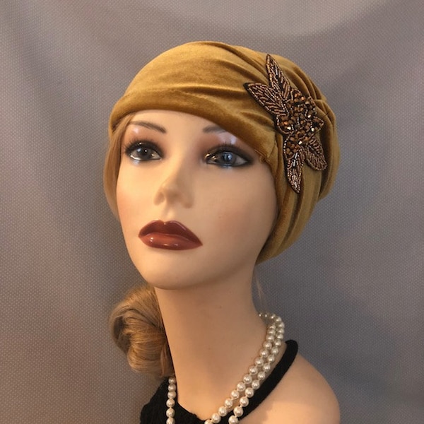 1920's style yellow gold cloche turban hat headpiece hair jewelry 20s gatsby vintage downton abbey garden party Art Deco
