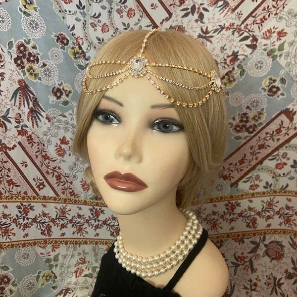 1920s style Gold  Rhinestone adorned FLAPPER drape Head skull headpiece Gatsby Roaring 20s Art Deco Headwear Headdress Bridal Goddess (960)