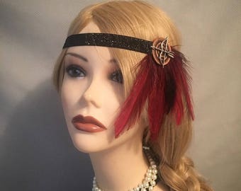 Red & Black 1920s style gatsby flapper headband black sparkly 20s art deco headpiece head piece hair 1920's 20's art deco native (710)