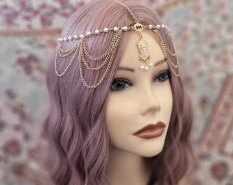 Gold Pearl Motif Tassel Chain Drape 1920's style Inspired Grecian Goddess Flapper Gatsby Headchain 1920s headpiece piece 20's headband (990)
