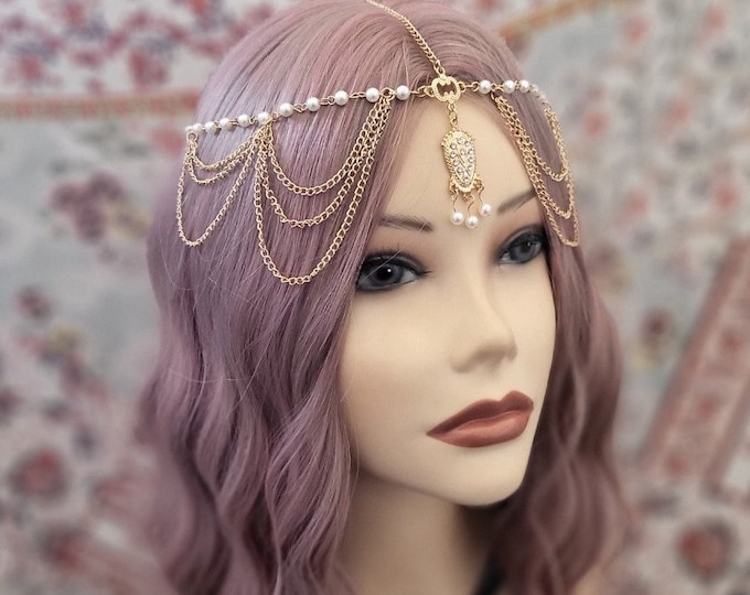 Gold Pearl Motif Tassel Chain Drape 1920's Style Inspired Grecian Goddess Flapper Gatsby