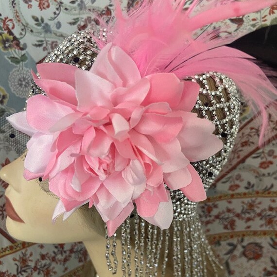 1920s Style PINK Black Feather Flower Clip + Silver Beaded  display picture 3