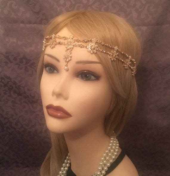 20's style GOLD Pearl Flower Cluster Drop Boho Indian Princess Gatsby Headchain 1920s head chain Gypsy Belly Dancer headpiece headband (910)
