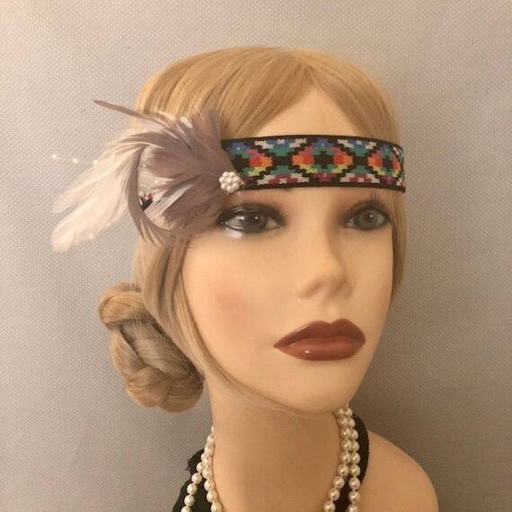 1920s Art Deco Style Multi Color Feather Beaded Elastic Etsy
