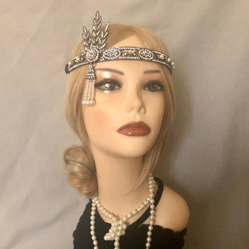 Silver Gold Ivory Pearl Headpiece Bead Vintage Headband 1920s Bridal Flapper 938