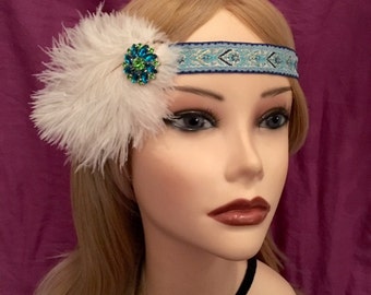 Unique 20's style Art Deco Flapper Headband Blue Green Ivory Ostrich Feather 1920's Head Piece Band 1920s 20s inspired headpiece Aztec (614)