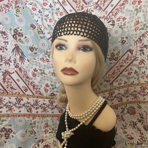 1920s Style FULLY Beaded Black Skull Cap FLAPPER Head  display picture 1