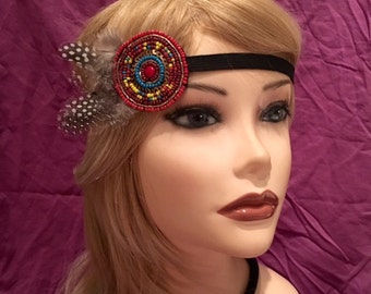 1920's Inspired Ornate Feathered Flapper Elastic Headband Black Red Green Brown Turquoise Beaded 1920 20s Feather Art Deco Decorative (936)