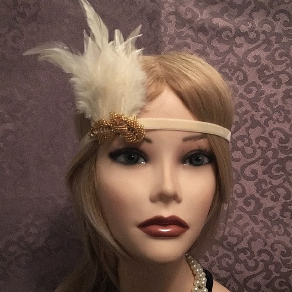 20's style flapper Leaf headband Gold Ivory Velvet Bead Sequin Slate Art Deco Great Gatsby Feather Head Piece 1920s headpiece (674)