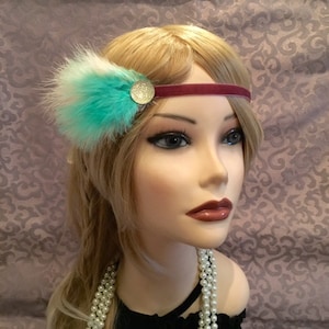 20&#39;s Flapper Headpiece white Headband maroon dark pink turquoise green feather satin velvet gatsby Art Deco Rhinestone Stone 20s  (686)