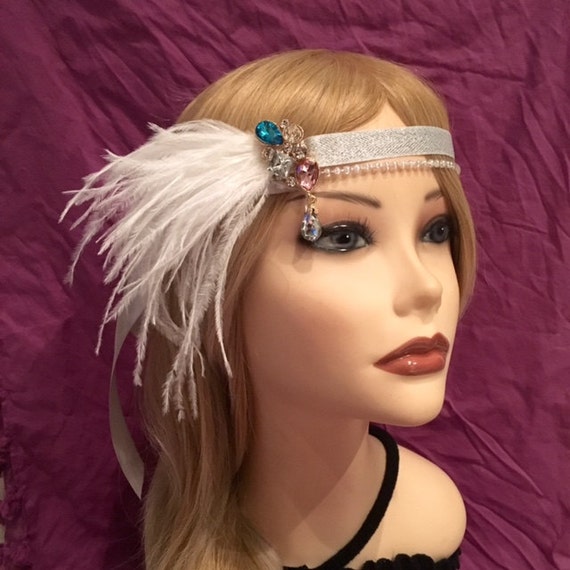 1920s Crystal Multi Color Blue Pink Gatsby Flapper Headband  display picture 1