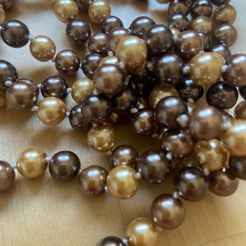 60 LONG Multi-Color Brown Beige Gold Copper Glass Pearl Single Strand Necklace 20's 1920s Downton Abbey Dark Flapper Accessory Wrap Knot 画像 1