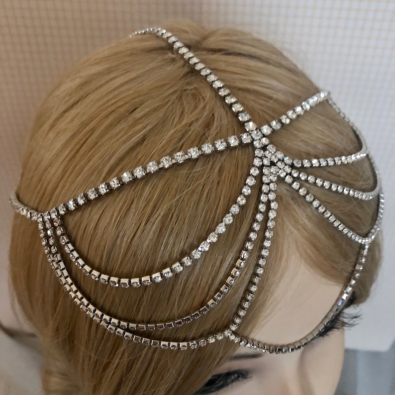 1920s Silvertone Full Rhinestone Drape Headchain Flapper Gatsby 1920's stye art deco goddess head chain band headband 20s headpiece 945 image 5