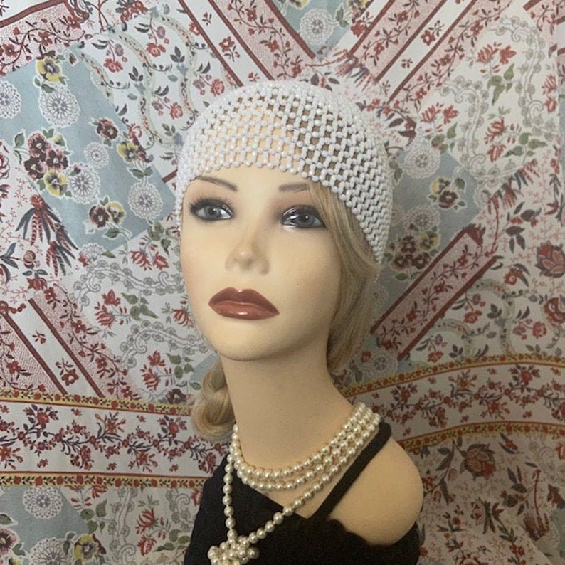 1920s style FULLY Beaded White Ivory Iridescent FLAPPER Skull Head cap Bride headpiece Gatsby 20s Wedding Art Deco Bead Headwear Wig image 1