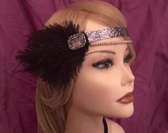 Gatsby 1920's inspired flapper headband 20's style head piece Black Ostrich Feather Crystal Stine Pearl Slate Blue Gray Satin Art Deco (643)