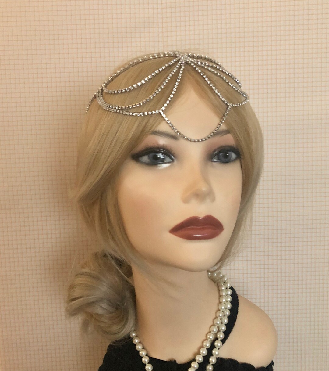 1920s Silvertone Full Rhinestone Drape Headchain Flapper Gatsby 1920's