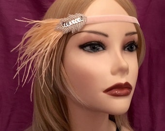 1920's velvet light pink peach leaf design flapper headband head pink headpiece beaded silver sequin ostrich feather elastic 20s (624)