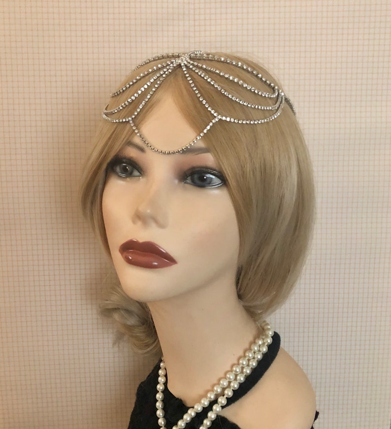 1920s Silvertone Full Rhinestone Drape Headchain Flapper Gatsby 1920's stye art deco goddess head chain band headband 20s headpiece 945 image 3