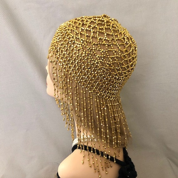 1920s Style FULLY Beaded Gold Fringe FLAPPER Head Cap Skull  display picture 1