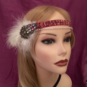 1920&#39;s Art Deco Crystal Flower Leaf Multi Color Flapper Headband Dark Pink Red Rhinestone Maroon Ostrich Feather 20&#39;s Gatsby White (653)