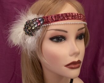 1920's Art Deco Crystal Flower Leaf Multi Color Flapper Headband Dark Pink Red Rhinestone Maroon Ostrich Feather 20's Gatsby White (653)