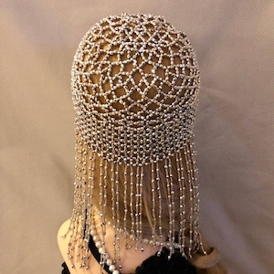 1920s style FULLY Beaded Silver Fringe FLAPPER Head cap skull headpiece Gatsby Roaring Twenties Art Deco Bead Tassel Headwear Headdress Wig image 5