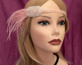 20's style motif feather flapper headband mauve pink velvet 1920's art deco sequin beaded head piece headpiece elastic great gatsby (621)