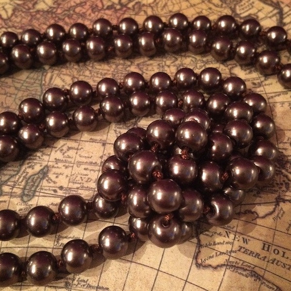 60" LONG BROWN Copper 1920s Great Gatsby Style 8mm Glass Pearl Single Strand Necklace 20's 1920's Downton Abbey Flapper Accessory Jewelry