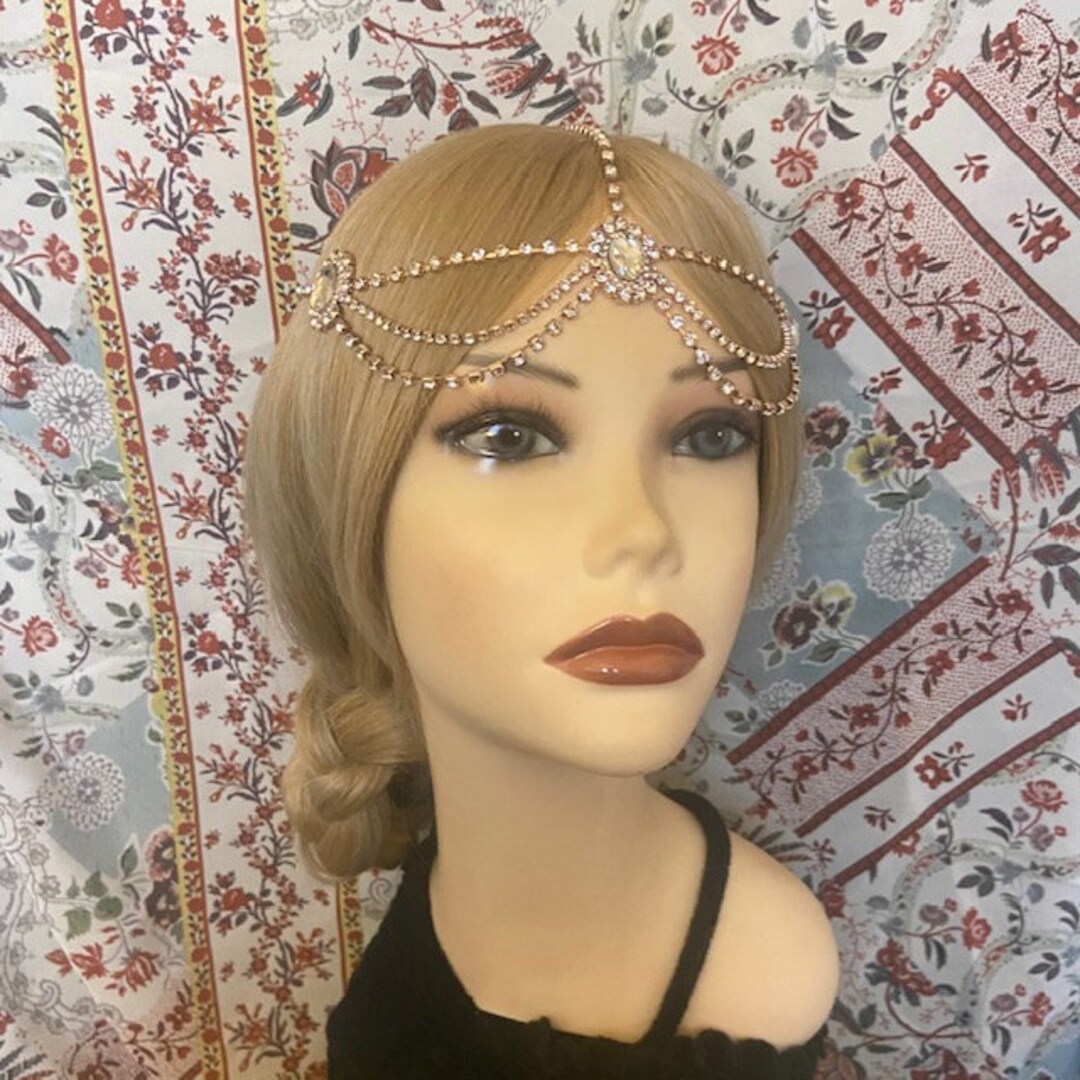 1920s Style Rose Gold Rhinestone FLAPPER Drape Head Skull Headpiece