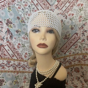 1920s style FULLY Beaded White Ivory Iridescent FLAPPER Skull Head cap Bride headpiece Gatsby 20s Wedding Art Deco Bead Headwear Wig image 2