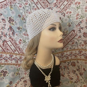 1920s style FULLY Beaded White Ivory Iridescent FLAPPER Skull Head cap Bride headpiece Gatsby 20s Wedding Art Deco Bead Headwear Wig image 3