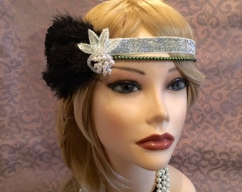 1920's Flapper Black Silver Green Pearl Ostrich Feather headband head piece 20s satin ribbon headpiece gatsby 1920s Pearl Sequin 1920s (677)