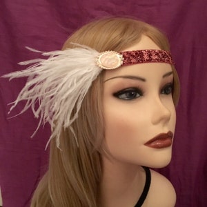 1920&#39;s Art Deco Iridescent Pink Crystal Rhinestone Dark Red Maroon Pink Flapper Headband Maroon Ostrich Feather 20&#39;s Gatsby White (648)