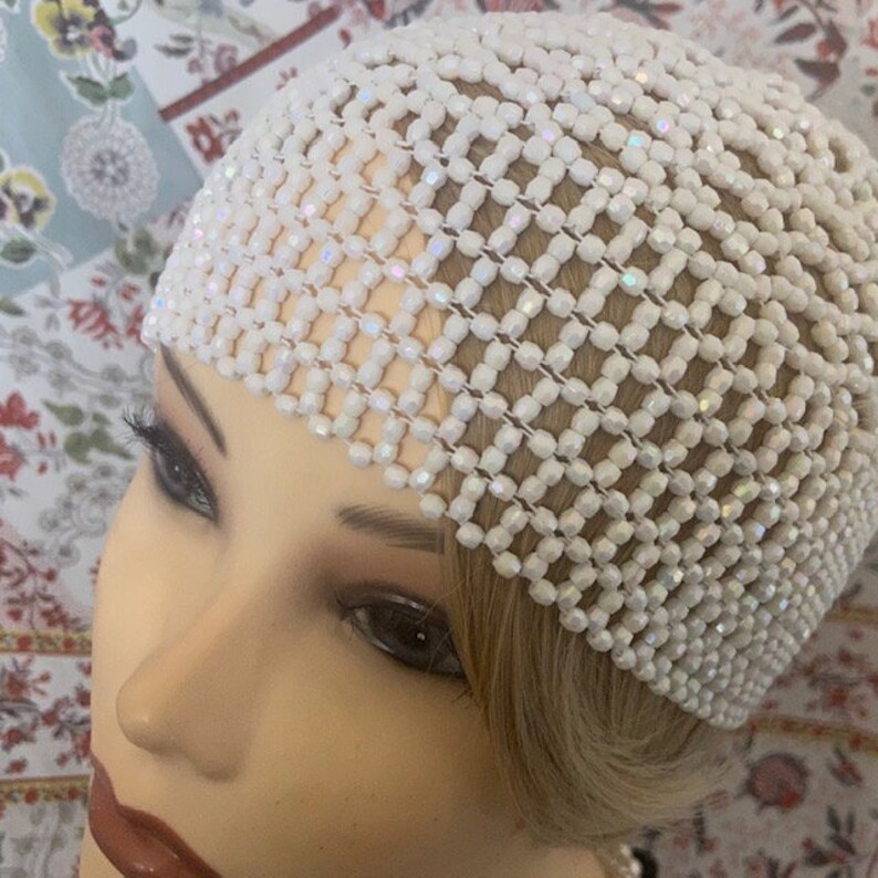 1920s style FULLY Beaded White Ivory Iridescent FLAPPER Skull Head cap Bride headpiece Gatsby 20s Wedding Art Deco Bead Headwear Wig image 4