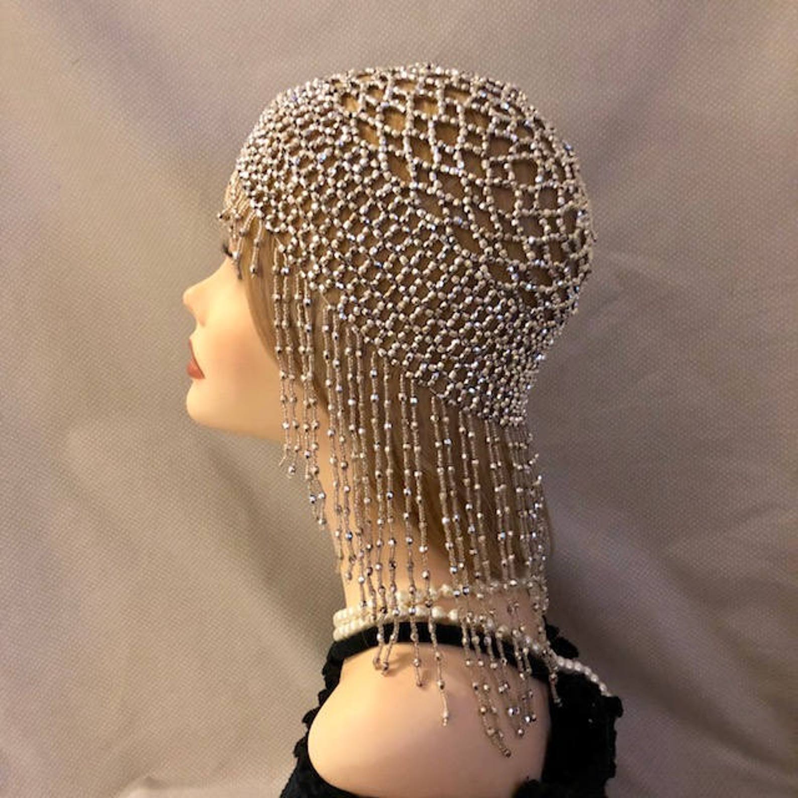 1920s Style FULLY Beaded Silver Fringe FLAPPER Head Cap Skull Headpiece