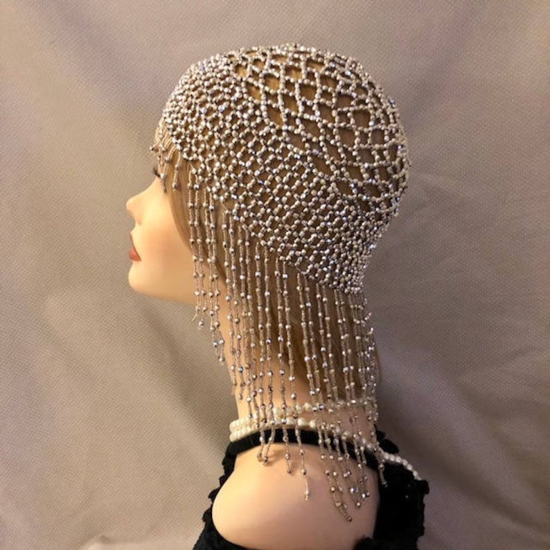 1920s style FULLY Beaded Silver Fringe FLAPPER Head cap skull headpiece Gatsby Roaring Twenties Art Deco Bead Tassel Headwear Headdress Wig image 2