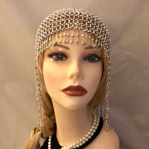 1920s style FULLY Beaded Silver Fringe FLAPPER Head cap skull headpiece Gatsby Roaring Twenties Art Deco Bead Tassel Headwear Headdress Wig image 3