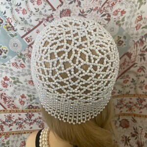 1920s style FULLY Beaded White Ivory Iridescent FLAPPER Skull Head cap Bride headpiece Gatsby 20s Wedding Art Deco Bead Headwear Wig image 5