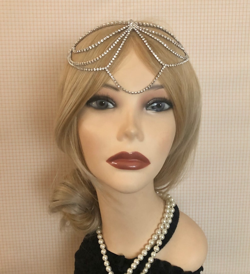 1920s Silvertone Full Rhinestone Drape Headchain Flapper Gatsby 1920's stye art deco goddess head chain band headband 20s headpiece 945 image 2