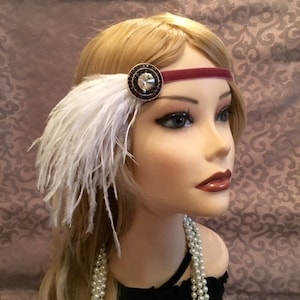 Maroon Dark Pink Silver White Ostrich Feather Flapper Headpiece Accessory Gatsby Headband Rhinestone velvet satin adjustable 20s 1920s (685)