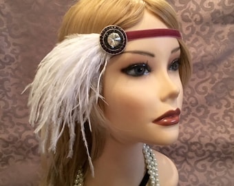 Maroon Dark Pink Silver White Ostrich Feather Flapper Headpiece Accessory Gatsby Headband Rhinestone velvet satin adjustable 20s 1920s (685)