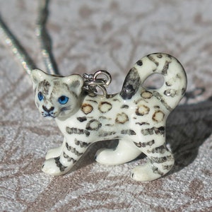 Baby Snow Leopard Porcelain Pendant Necklace - Silver Plated Jewelry - Lucky Spiritual Animal Jewellery Mothers Day Gift