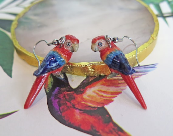 Parrot Porcelain Earrings Hand Painted Jewelry Lucky Spiritual