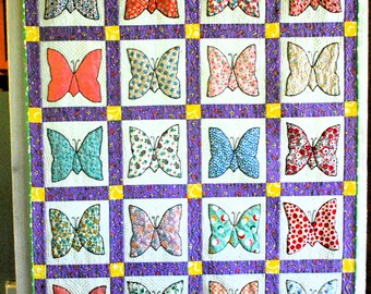 Vintage Butterfly Quilt, Applique Quilt, Spring Colors, Pastel Home Decor, Hand Quilted - 45" x 54"